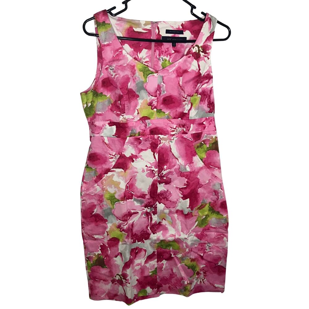 Anne Klein Watercolor Floral Sheath Dress Size 10 - Pink Cotton Stretch - Picture 4 of 9